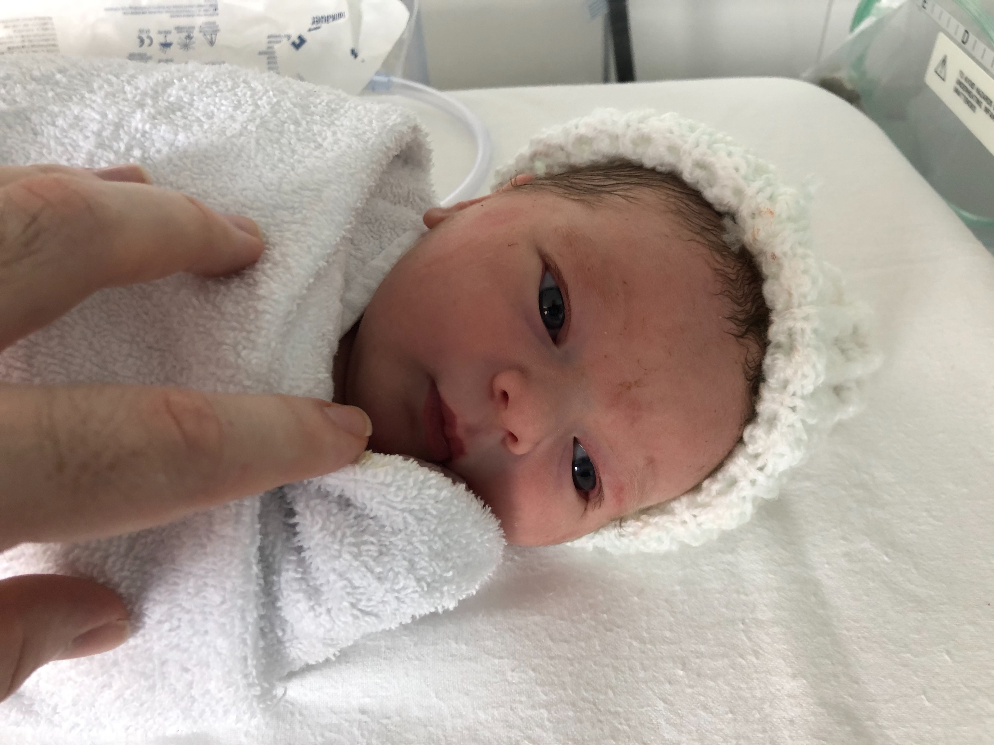 Baby Max, a few minutes after birth, in an incubator wrapped in a towl and wearing a fluffy hat. He's looking calmly toward the camera.