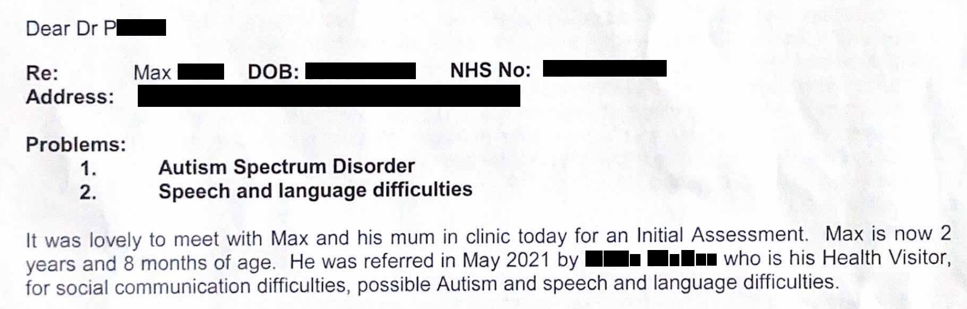 A photograph of a letter explaining that our son, Max, has Autism Spectrum Disorder and Speech and Language difficulties