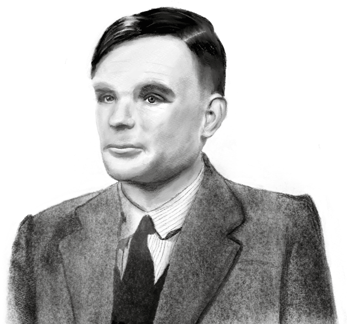 A pencil drawing of Alan Turing, drawn by the post author Sam Rose.